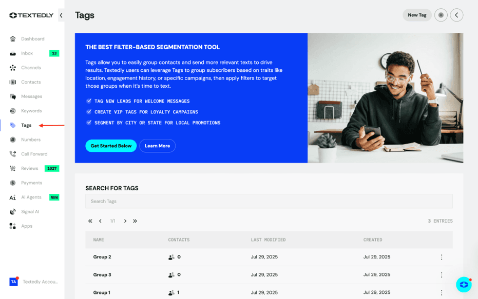 Textedly Tags dashboard for grouping and segmenting subscribers