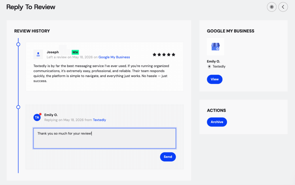 Textedly dashboard showing a Google review and business response