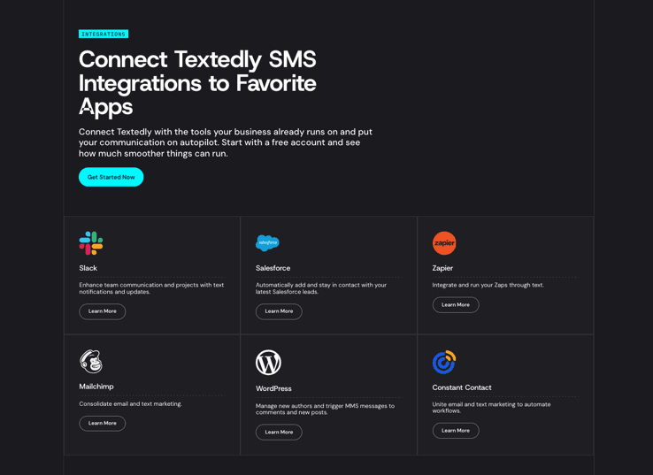 Textedly integrations with Slack, Salesforce, Zapier, Mailchimp, WordPress and Constant Contact