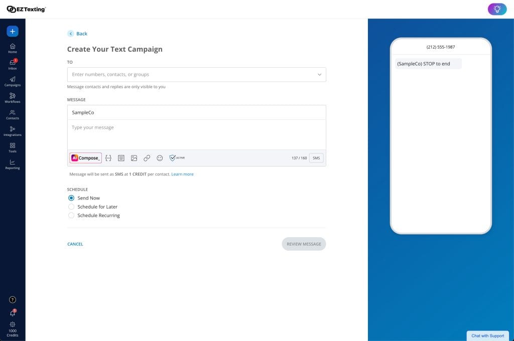 EZ Texting creating a campaign