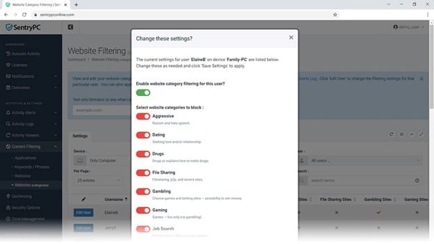 SentryPC lets administrators block website categories for individual users.