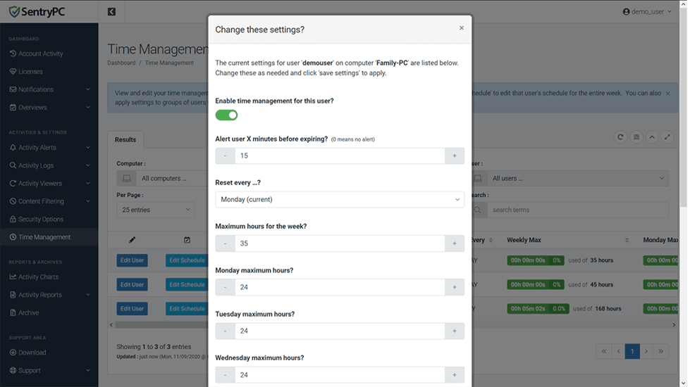 SentryPC usage limits