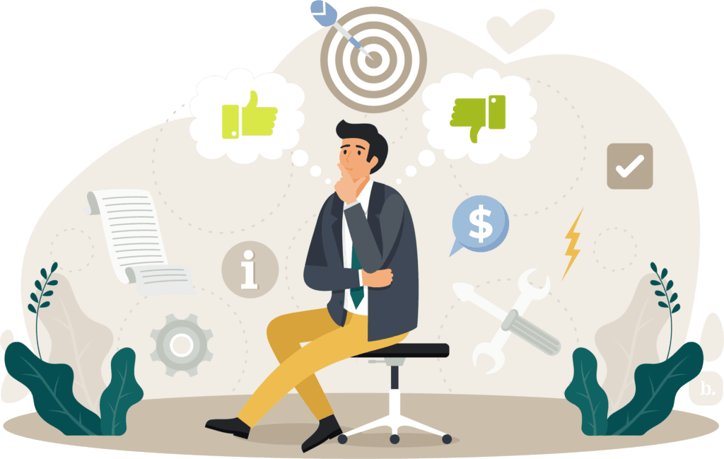 graphic of a person sitting on a chair surrounded by thought bubbles and symbols