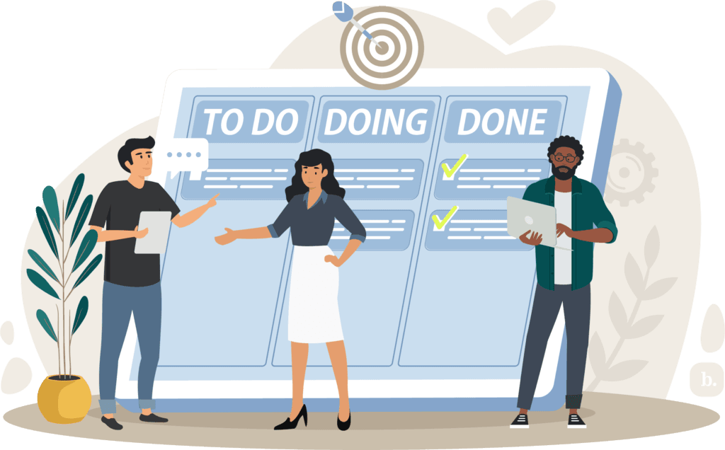 graphic of businesspeople standing in front of a large to-do list