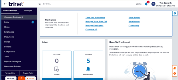 TriNet dashboard