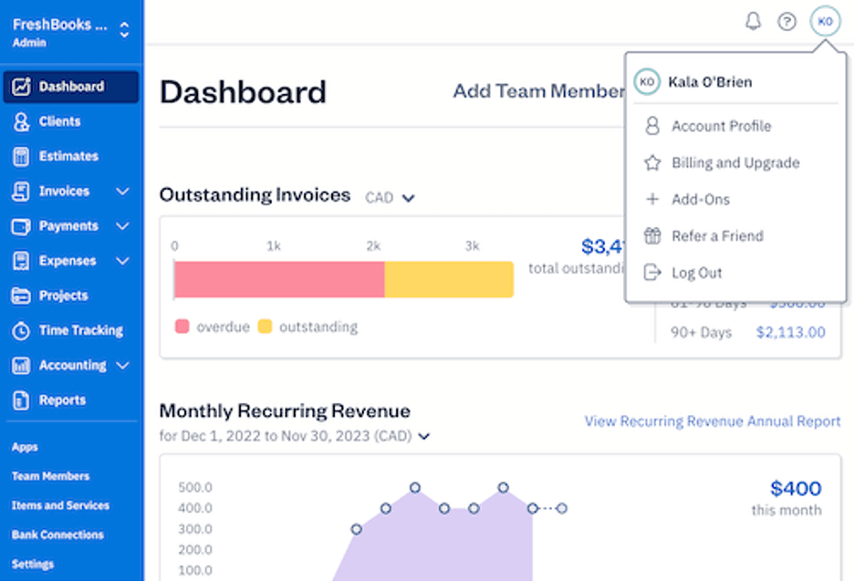 Freshbooks dashboard