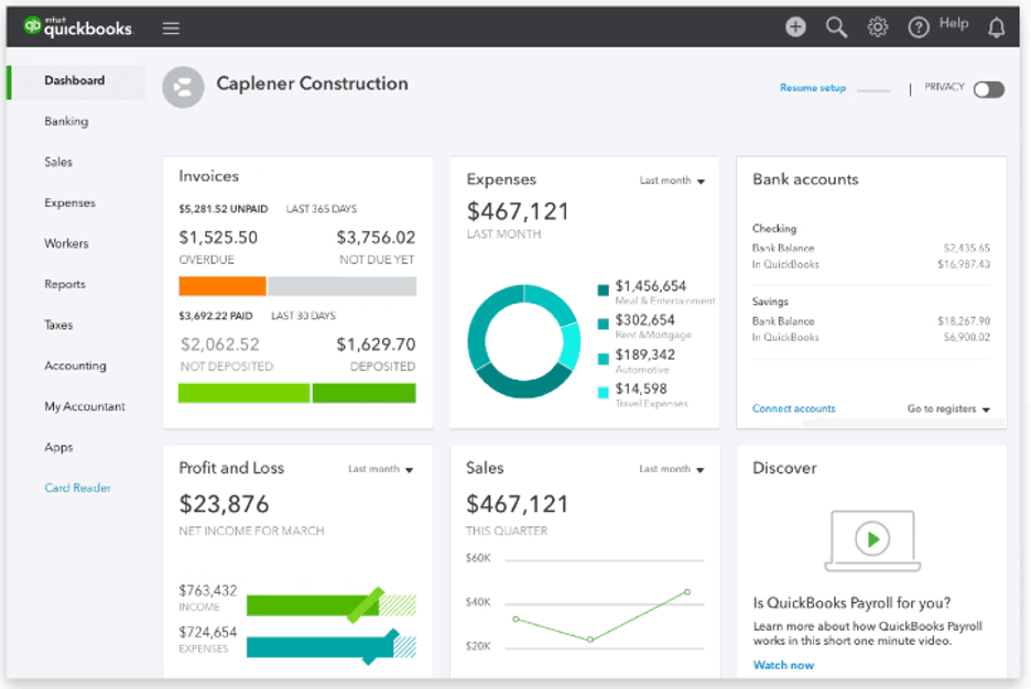 QuickBooks dashboard