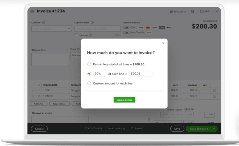 QuickBooks online invoices