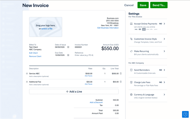 image of FreshBooks invoice page