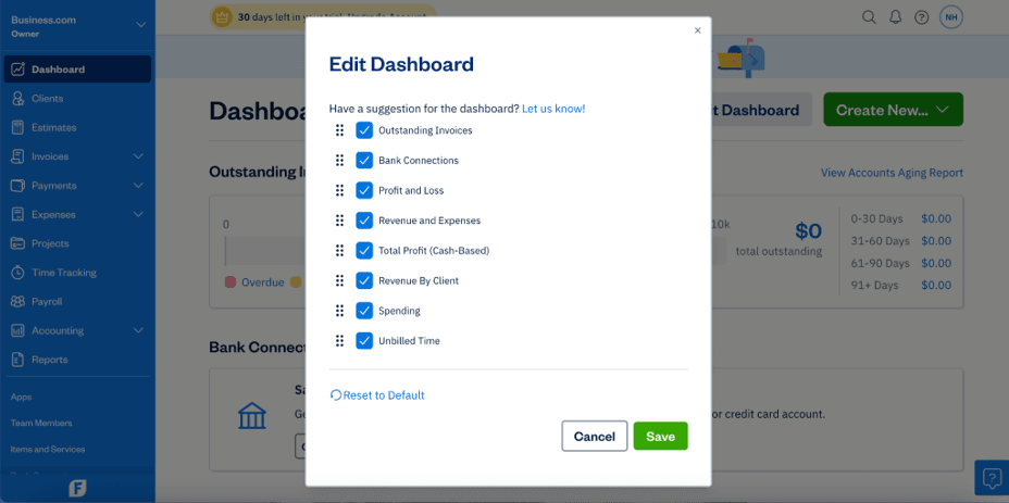 image of FreshBooks Edit Dashboard