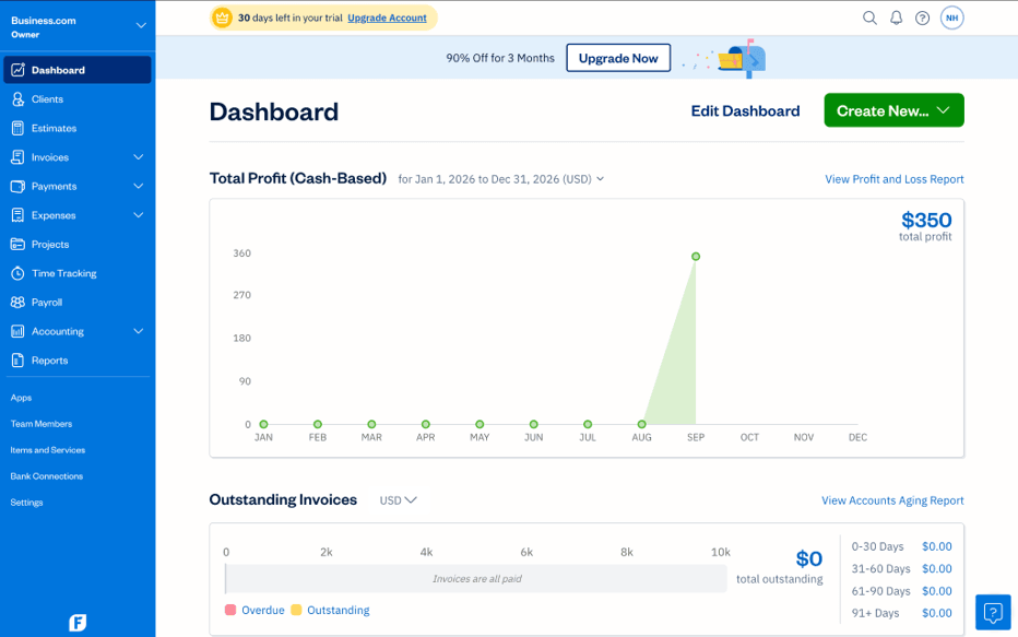image of FreshBooks dashboard