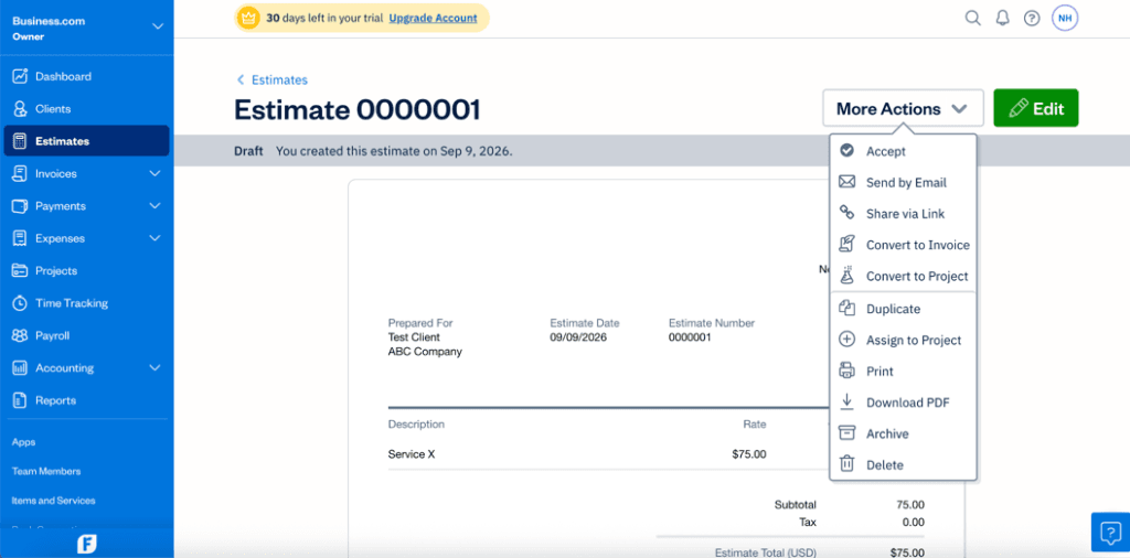 image of FreshBooks Estimate dashboard