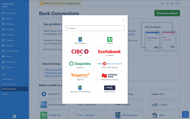 image of FreshBooks bank dashboard