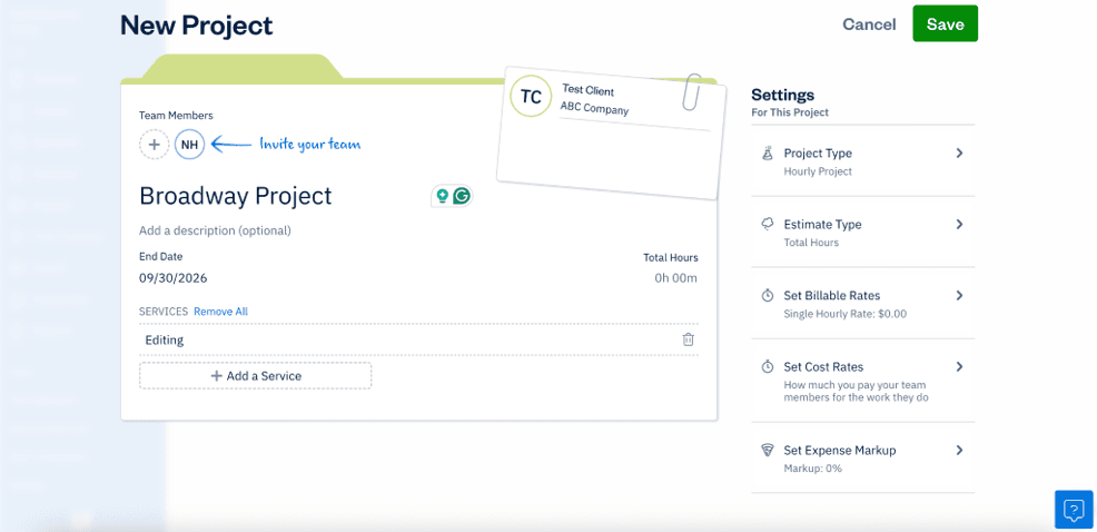 image of a new project page in FreshBooks