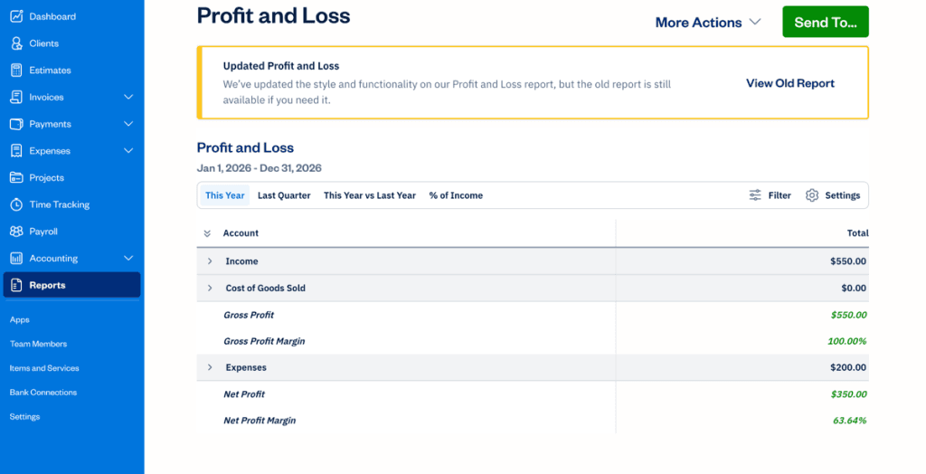 image of FreshBooks profit and loss reports page