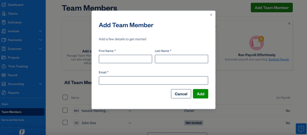 image of FreshBooks “add team members” pop-up window