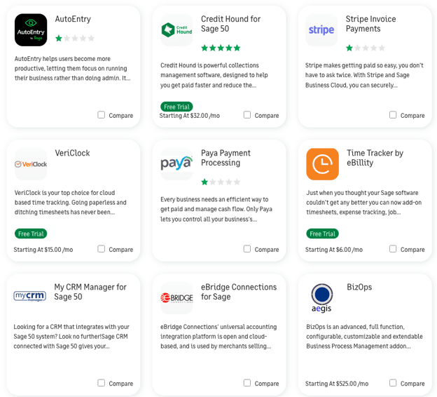 Sage Marketplace showing Sage 50 integrations for payments, time tracking, CRM, data entry and other business functions.