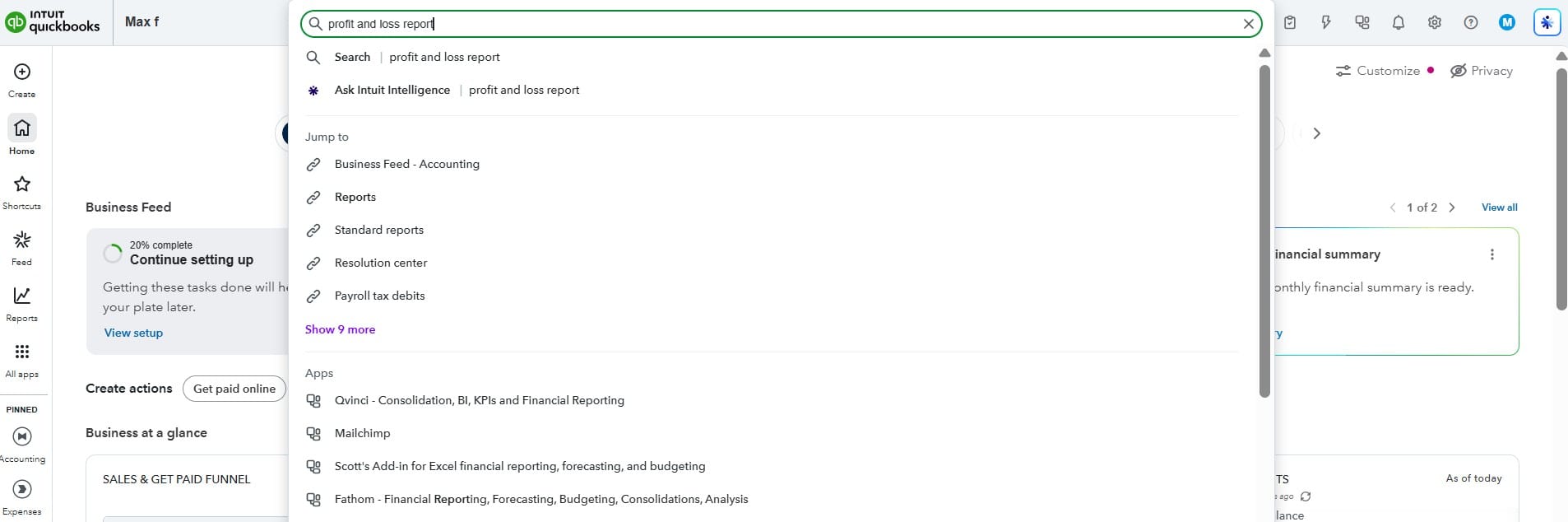 quickbooks reports search