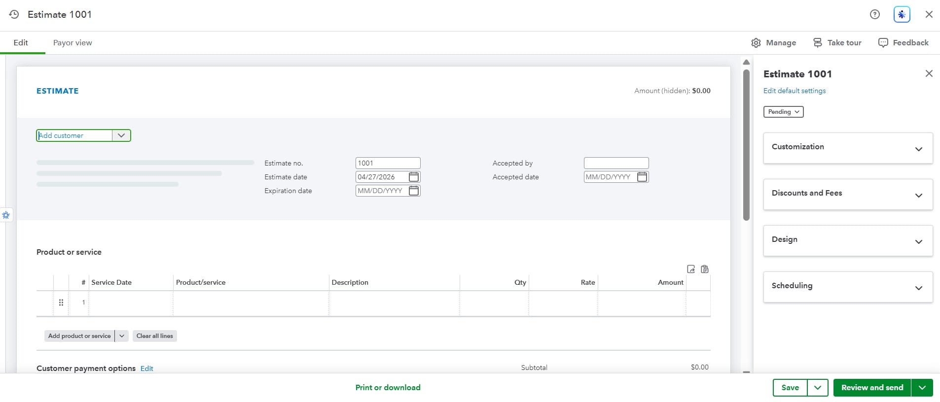 Quickbooks estimate creation