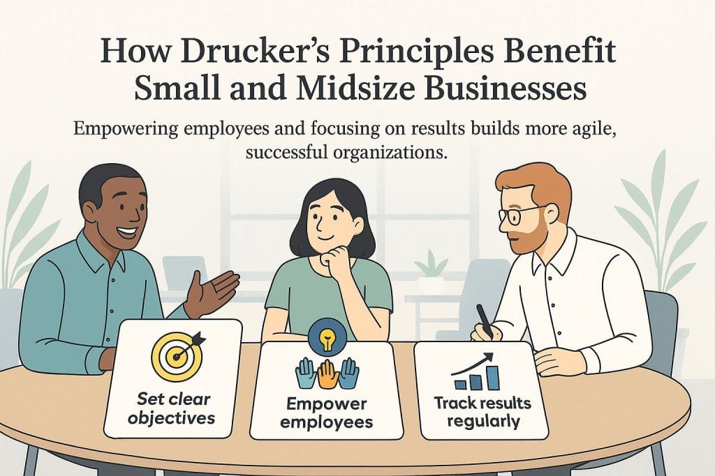 graphic of people in an office with graphics explaining how Drucker's theory helps businesses