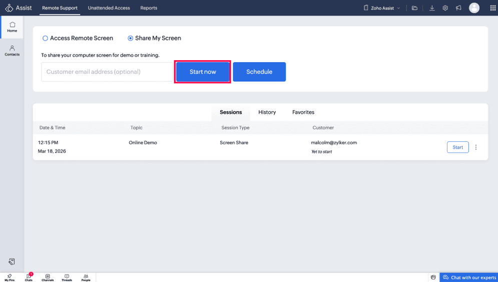 Zoho Assist dashboard showing options to start or schedule a screen-sharing session.