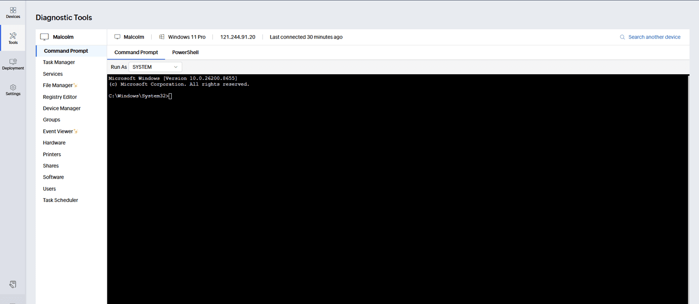 Zoho Assist Diagnostic Tools dashboard showing Command Prompt and remote troubleshooting tools.