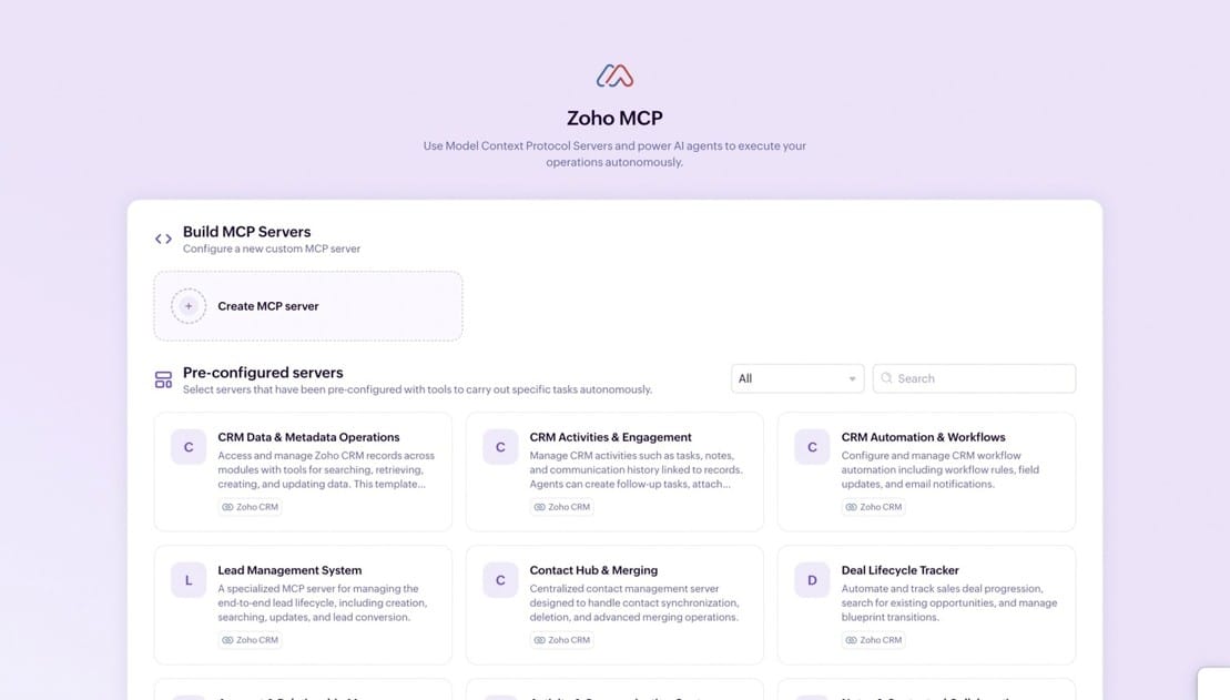 Zoho MCP dashboard showing pre-configured MCP servers and an option to create a custom server.