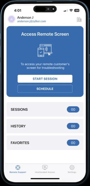 Zoho Assist mobile app showing remote support and unattended access options.