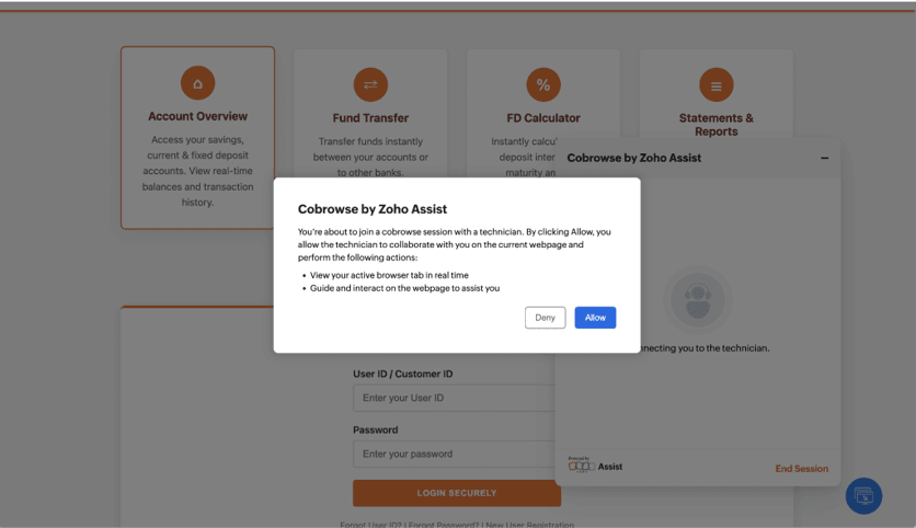 Zoho Assist Cobrowse screen asking a customer to allow a technician to view and interact with the active browser tab.