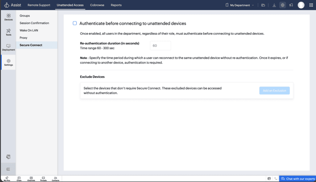 Zoho Assist Secure Connect settings for requiring authentication before unattended device access.