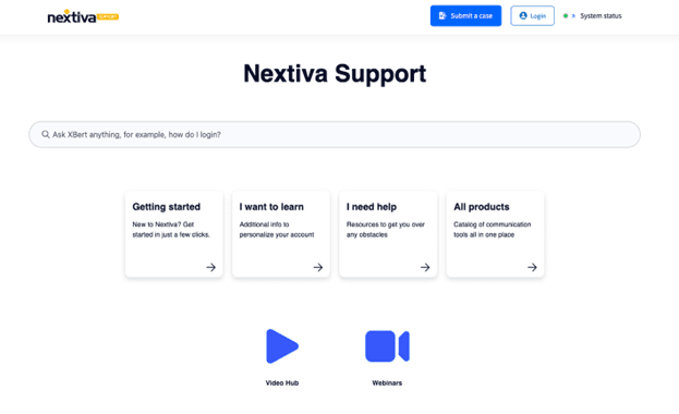 Nextiva support page showing help categories, search bar and access to support resources