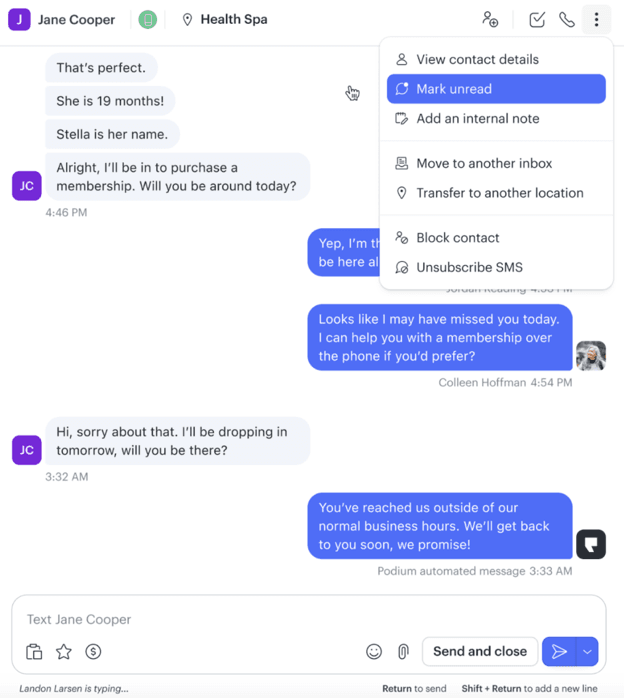 Podium's inbox showing a two-way text conversation between a local business and a customer.