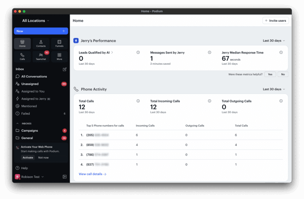 Podium's dashboard showing AI performance, customer conversations and business activity.