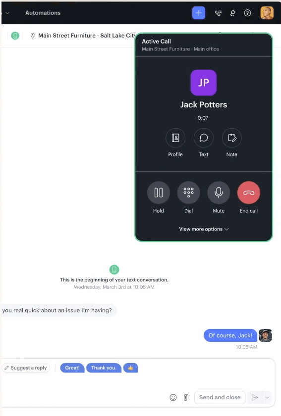 Podium's communication interface showing an active customer call alongside a text conversation.