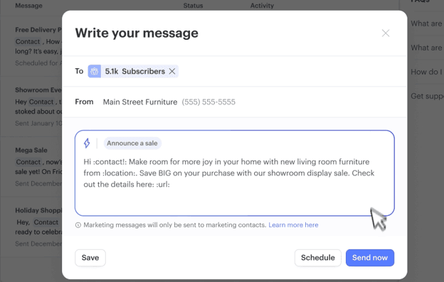 Podium's bulk message composer showing a marketing template, subscriber list and campaign scheduling options.