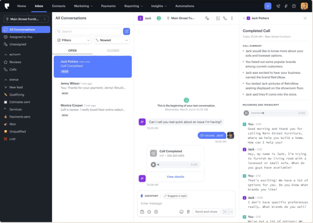 Podium's AI-assisted conversation view showing an AI-generated call summary, transcript and suggested reply tools.