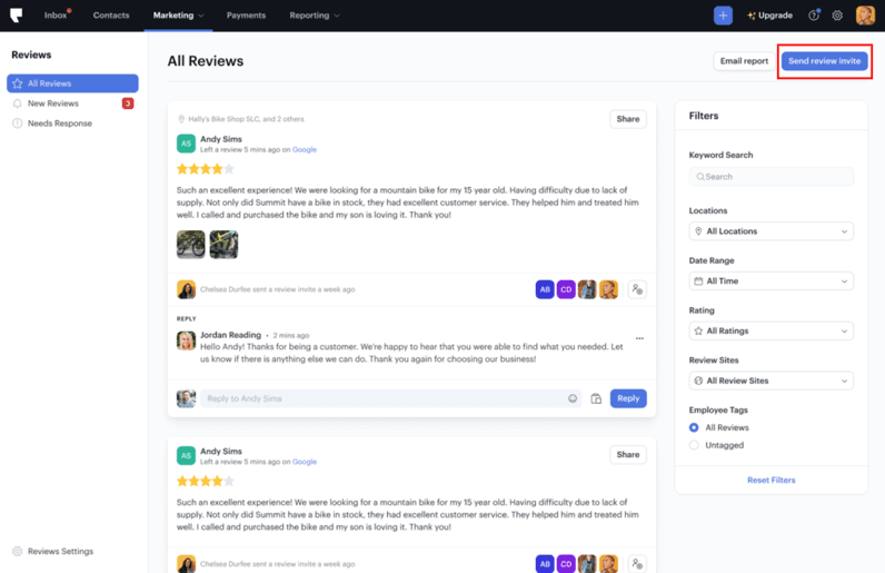Podium's Reviews dashboard showing customer reviews, ratings and review management tools.