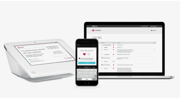 Clover customer feedback tools displayed across a POS terminal, smartphone and laptop dashboard.