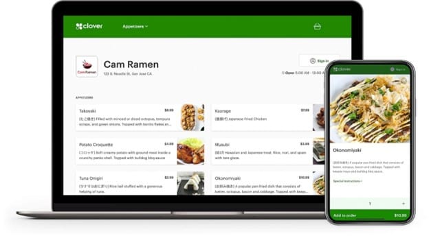 Clover online ordering interface displayed on a laptop and smartphone, showing a restaurant's digital menu and mobile ordering experience.