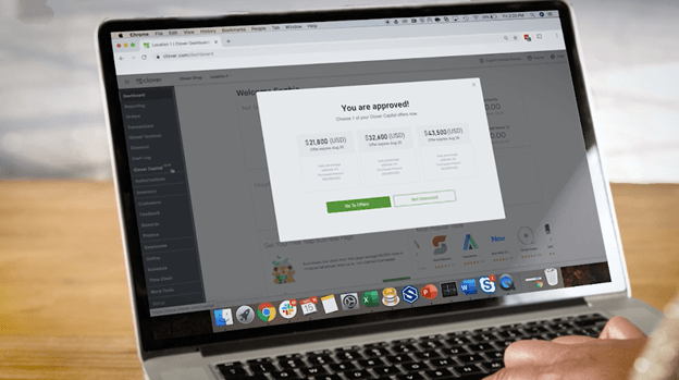 Clover dashboard displaying Clover Capital funding offers for approved business financing amounts.