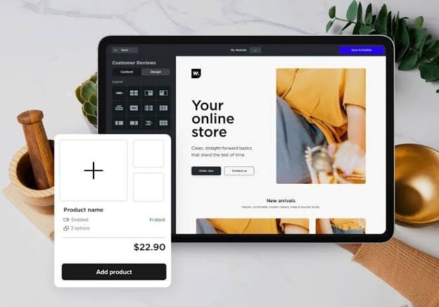Lightspeed e-commerce site builder showing a customizable online store and product listing tools.