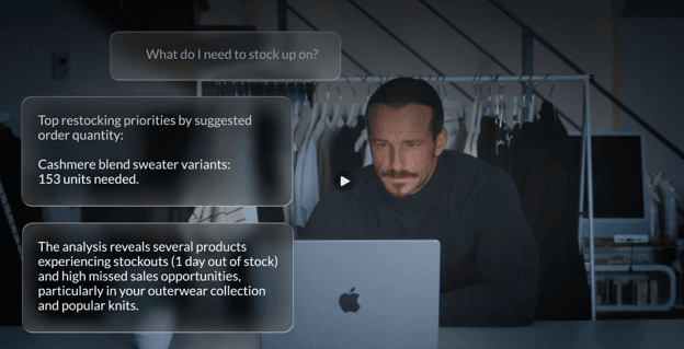 Lightspeed AI demonstration showing a retailer asking what products need restocking and receiving inventory recommendations.