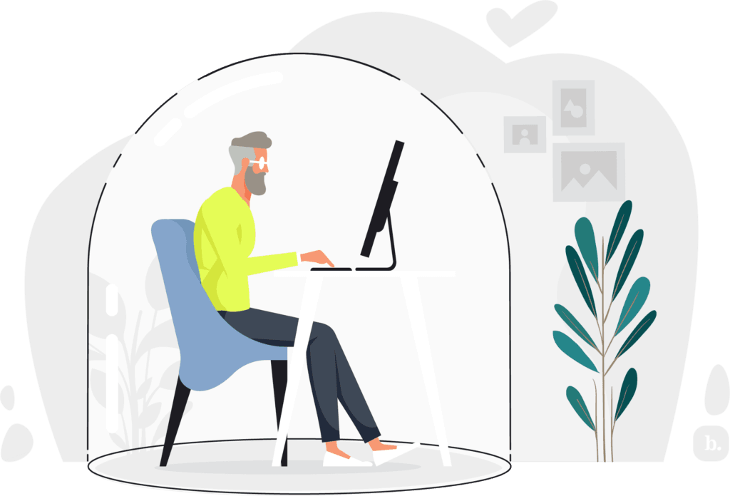 graphic of a businessman inside of a glass bubble working on a laptop