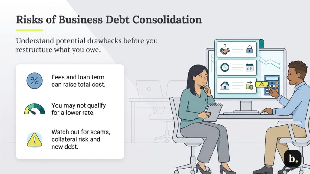 graphic of two workers at a desk looking at a chart about the risks of business debt consolidation