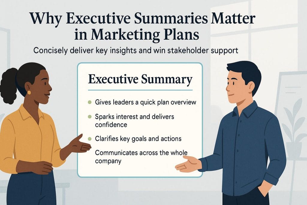 graphic of colleagues near info about an executive summary
