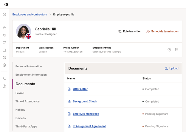 Rippling employee profile dashboard showing employee information, HR documents, payroll and workforce management tools in one interface.