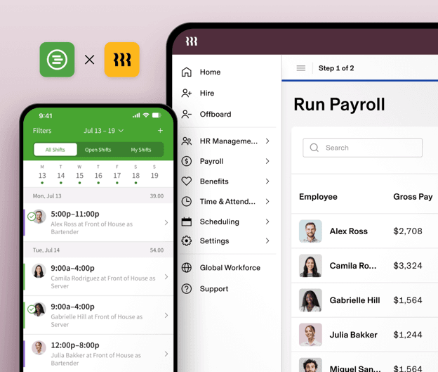 Rippling desktop and mobile dashboards showing payroll, HR management, scheduling and workforce tools in a unified interface.