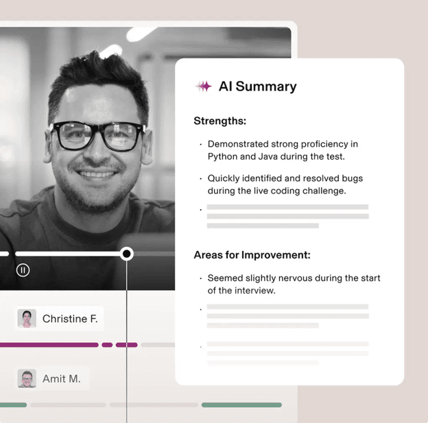 Rippling Interview Assistant displaying an AI-generated interview summary with candidate strengths and areas for improvement after a recorded interview.