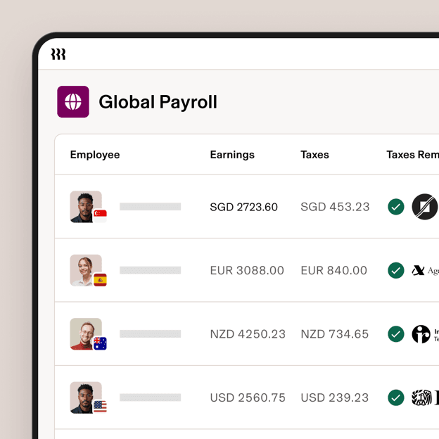 Rippling Global Payroll dashboard showing employees in multiple countries with payroll amounts, taxes and compliance status in different currencies.