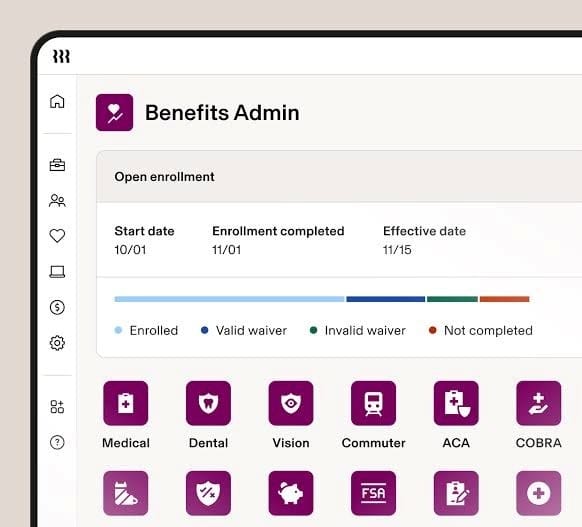 Rippling Benefits Admin dashboard showing open enrollment progress, enrollment status and available employee benefit plans.